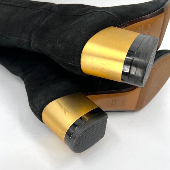FENDI Boots Womens 38.5 Black Suede Knee High Tall Block Heeled Shoes Gold - Picture 11 of 13